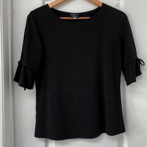 Andria Lieu - Elegant 3/4 Length Sleeve Black Bell Sleeve Tie Detail Top - Picture 2 of 6